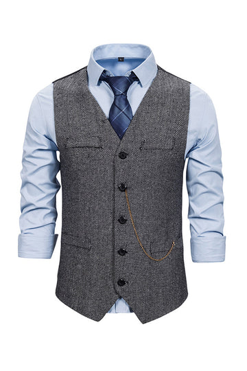V Neck Single Breasted Homme Gris Casual Vest
